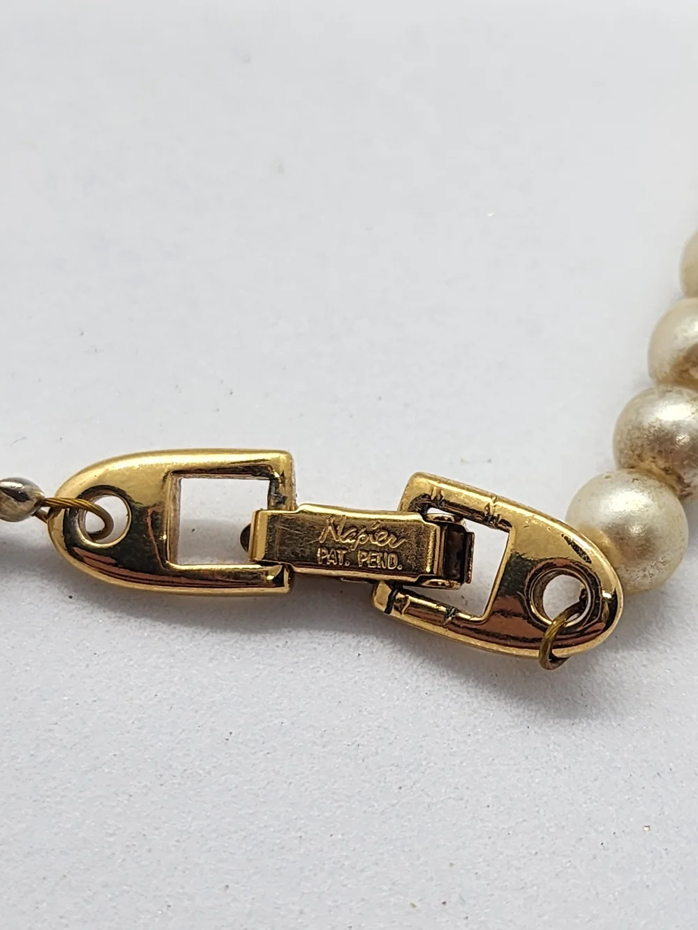Vintage Signed Napier Faux Pearl Necklace with Gold Tone V Accent & Teardrop Pen